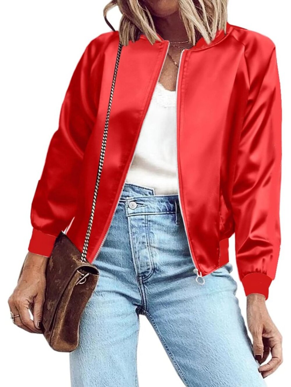 Women's Pure Red 100% Polyester Shiny Zip Up Casual Striped Satin Bomber Jacket